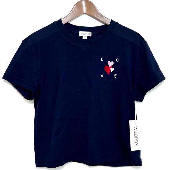 NWT WILDFOX "Love" Jamie Tee, Women's Size M Navy Pink White Embroidered Hearts - Picture 1 of 9